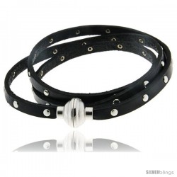Surgical Steel Italian Leather Wrap Massai Bracelet w/ Super Magnet Clasp Small Rivets, Color Black