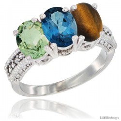 14K White Gold Natural Green Amethyst, London Blue Topaz & Tiger Eye Ring 3-Stone 7x5 mm Oval Diamond Accent