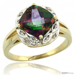 14k Yellow Gold Diamond Halo Mystic Topaz Ring 2.7 ct Checkerboard Cut Cushion Shape 8 mm, 1/2 in wide