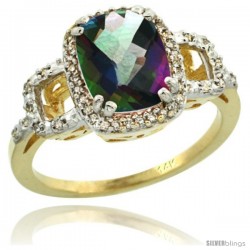 14k Yellow Gold Diamond Mystic Topaz Ring 2 ct Checkerboard Cut Cushion Shape 9x7 mm, 1/2 in wide