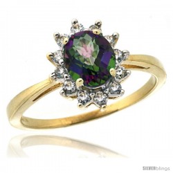 14k Yellow Gold Diamond Halo Mystic Topaz Ring 0.85 ct Oval Stone 7x5 mm, 1/2 in wide