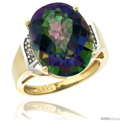 14k Yellow Gold Diamond Mystic Topaz Ring 9.7 ct Large Oval Stone 16x12 mm, 5/8 in wide