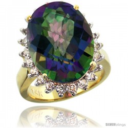 14k Yellow Gold Diamond Halo Mystic Topaz Ring 10 ct Large Oval Stone 18x13 mm, 7/8 in wide