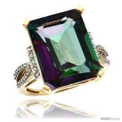 14k Yellow Gold Diamond Mystic Topaz Ring 12 ct Emerald Shape 16x12 Stone 3/4 in wide