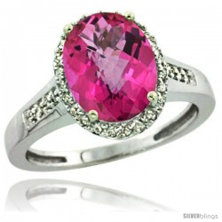 Sterling Silver Diamond Natural Pink Topaz Ring 2.4 ct Oval Stone 10x8 mm, 1/2 in wide