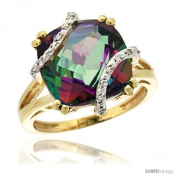 14k Yellow Gold Diamond Mystic Topaz Ring 7.5 ct Cushion Cut 12 mm Stone, 1/2 in wide