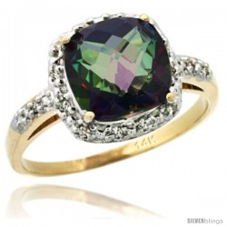 14k Yellow Gold Diamond Mystic Topaz Ring 2.08 ct Cushion cut 8 mm Stone 1/2 in wide