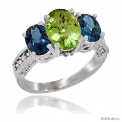 14K White Gold Ladies 3-Stone Oval Natural Peridot Ring with London Blue Topaz Sides Diamond Accent