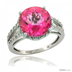 Sterling Silver Diamond Natural Pink Topaz Ring 5.25 ct Round Shape 11 mm, 1/2 in wide