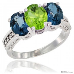 14K White Gold Natural Peridot & London Blue Topaz Sides Ring 3-Stone 7x5 mm Oval Diamond Accent