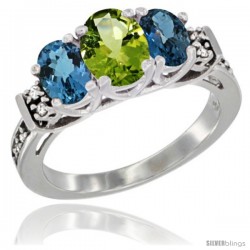 14K White Gold Natural Peridot & London Blue Ring 3-Stone Oval with Diamond Accent