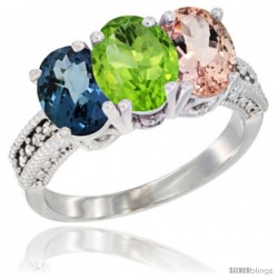 14K White Gold Natural London Blue Topaz, Peridot & Morganite Ring 3-Stone 7x5 mm Oval Diamond Accent