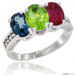 14K White Gold Natural London Blue Topaz, Peridot & Ruby Ring 3-Stone 7x5 mm Oval Diamond Accent