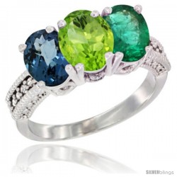 14K White Gold Natural London Blue Topaz, Peridot & Emerald Ring 3-Stone 7x5 mm Oval Diamond Accent