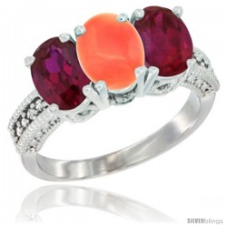 14K White Gold Natural Coral & Ruby Sides Ring 3-Stone 7x5 mm Oval Diamond Accent