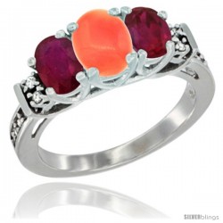 14K White Gold Natural Coral & Ruby Ring 3-Stone Oval with Diamond Accent