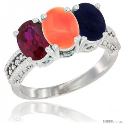 14K White Gold Natural Ruby, Coral & Lapis Ring 3-Stone 7x5 mm Oval Diamond Accent