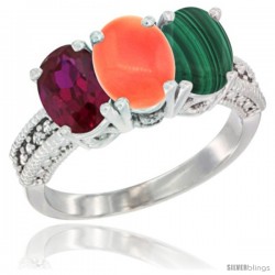 14K White Gold Natural Ruby, Coral & Malachite Ring 3-Stone 7x5 mm Oval Diamond Accent