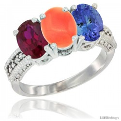 14K White Gold Natural Ruby, Coral & Tanzanite Ring 3-Stone 7x5 mm Oval Diamond Accent