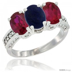 14K White Gold Natural Lapis & Ruby Sides Ring 3-Stone 7x5 mm Oval Diamond Accent