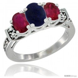 14K White Gold Natural Lapis & Ruby Ring 3-Stone Oval with Diamond Accent