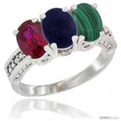 14K White Gold Natural Ruby, Lapis & Malachite Ring 3-Stone 7x5 mm Oval Diamond Accent