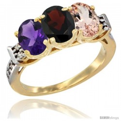 10K Yellow Gold Natural Amethyst, Garnet & Morganite Ring 3-Stone Oval 7x5 mm Diamond Accent