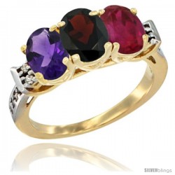 10K Yellow Gold Natural Amethyst, Garnet & Ruby Ring 3-Stone Oval 7x5 mm Diamond Accent