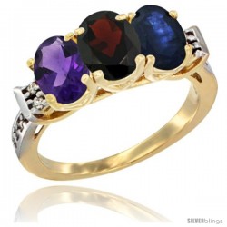 10K Yellow Gold Natural Amethyst, Garnet & Blue Sapphire Ring 3-Stone Oval 7x5 mm Diamond Accent