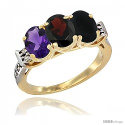 10K Yellow Gold Natural Amethyst, Garnet & Black Onyx Ring 3-Stone Oval 7x5 mm Diamond Accent