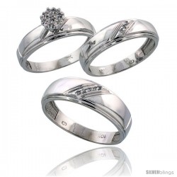 10k White Gold Diamond Trio Engagement Wedding Ring 3-piece Set for Him & Her 7 mm & 5.5 mm wide 0.09 cttw B -Style Ljw002w3