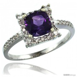 10k White Gold Diamond Halo Amethyst Ring 1.2 ct Checkerboard Cut Cushion 6 mm, 11/32 in wide