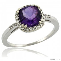 10k White Gold Diamond Amethyst Ring 1.5 ct Checkerboard Cut Cushion Shape 7 mm, 3/8 in wide