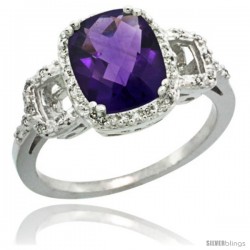 10k White Gold Diamond Amethyst Ring 2 ct Checkerboard Cut Cushion Shape 9x7 mm, 1/2 in wide