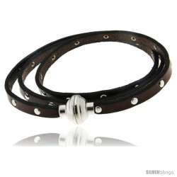 Surgical Steel Italian Leather Wrap Massai Bracelet w/ Super Magnet Clasp Small Rivets, Color Brown
