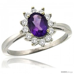 10k White Gold Diamond Halo Amethyst Ring 0.85 ct Oval Stone 7x5 mm, 1/2 in wide