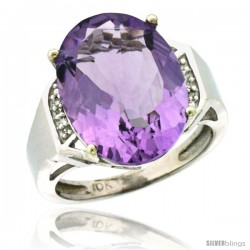 10k White Gold Diamond Amethyst Ring 9.7 ct Large Oval Stone 16x12 mm, 5/8 in wide