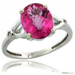 Sterling Silver Diamond Natural Pink Topaz Ring 2.4 ct Oval Stone 10x8 mm, 3/8 in wide