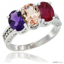 10K White Gold Natural Amethyst, Morganite & Ruby Ring 3-Stone Oval 7x5 mm Diamond Accent