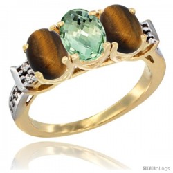 10K Yellow Gold Natural Green Amethyst & Tiger Eye Sides Ring 3-Stone Oval 7x5 mm Diamond Accent