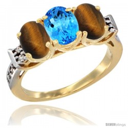 10K Yellow Gold Natural Swiss Blue Topaz & Tiger Eye Sides Ring 3-Stone Oval 7x5 mm Diamond Accent