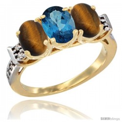 10K Yellow Gold Natural London Blue Topaz & Tiger Eye Sides Ring 3-Stone Oval 7x5 mm Diamond Accent