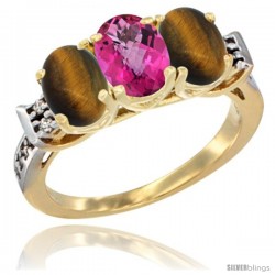 10K Yellow Gold Natural Pink Topaz & Tiger Eye Sides Ring 3-Stone Oval 7x5 mm Diamond Accent