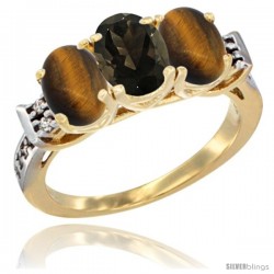 10K Yellow Gold Natural Smoky Topaz & Tiger Eye Sides Ring 3-Stone Oval 7x5 mm Diamond Accent