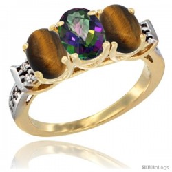 10K Yellow Gold Natural Mystic Topaz & Tiger Eye Sides Ring 3-Stone Oval 7x5 mm Diamond Accent