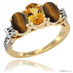 10K Yellow Gold Natural Citrine & Tiger Eye Sides Ring 3-Stone Oval 7x5 mm Diamond Accent