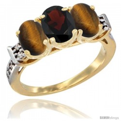 10K Yellow Gold Natural Garnet & Tiger Eye Sides Ring 3-Stone Oval 7x5 mm Diamond Accent