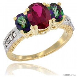 14k Yellow Gold Ladies Oval Natural Ruby 3-Stone Ring with Mystic Topaz Sides Diamond Accent