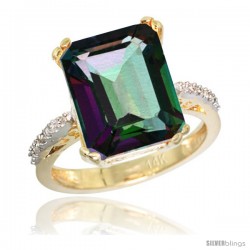 14k Yellow Gold Diamond Mystic Topaz Ring 5.83 ct Emerald Shape 12x10 Stone 1/2 in wide