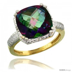 14k Yellow Gold Diamond Mystic Topaz Ring 5.94 ct Checkerboard Cushion 11 mm Stone 1/2 in wide